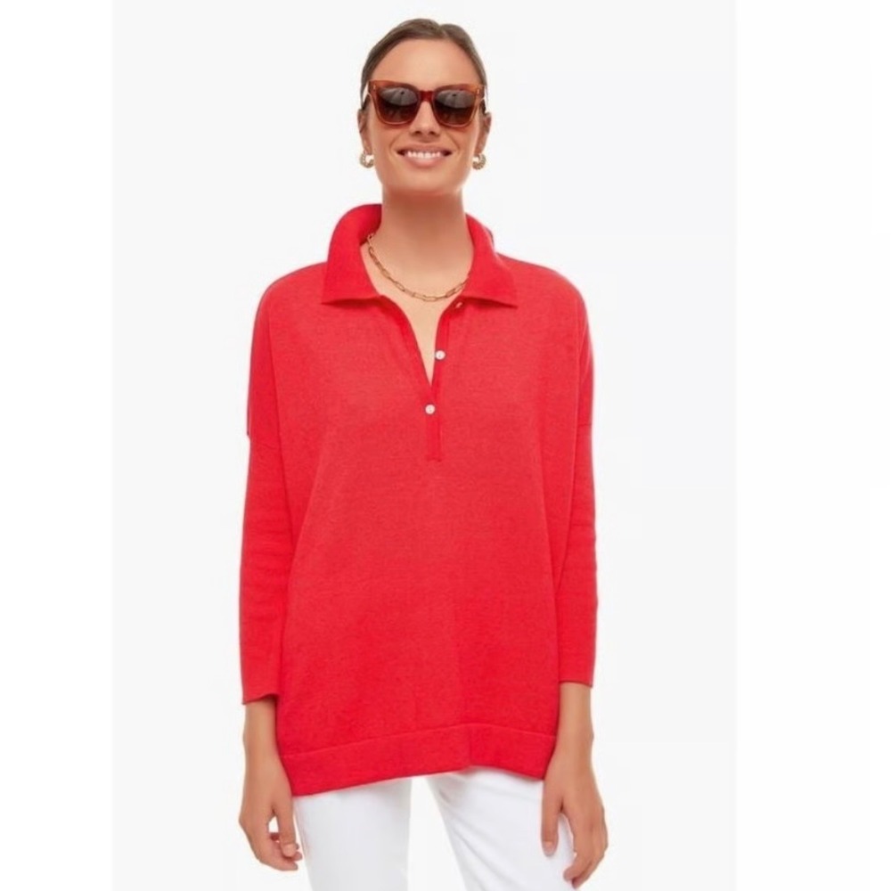 Tuckernuck Clayton boxy collared Knit Polo top shirt Size M/L poppy red linen